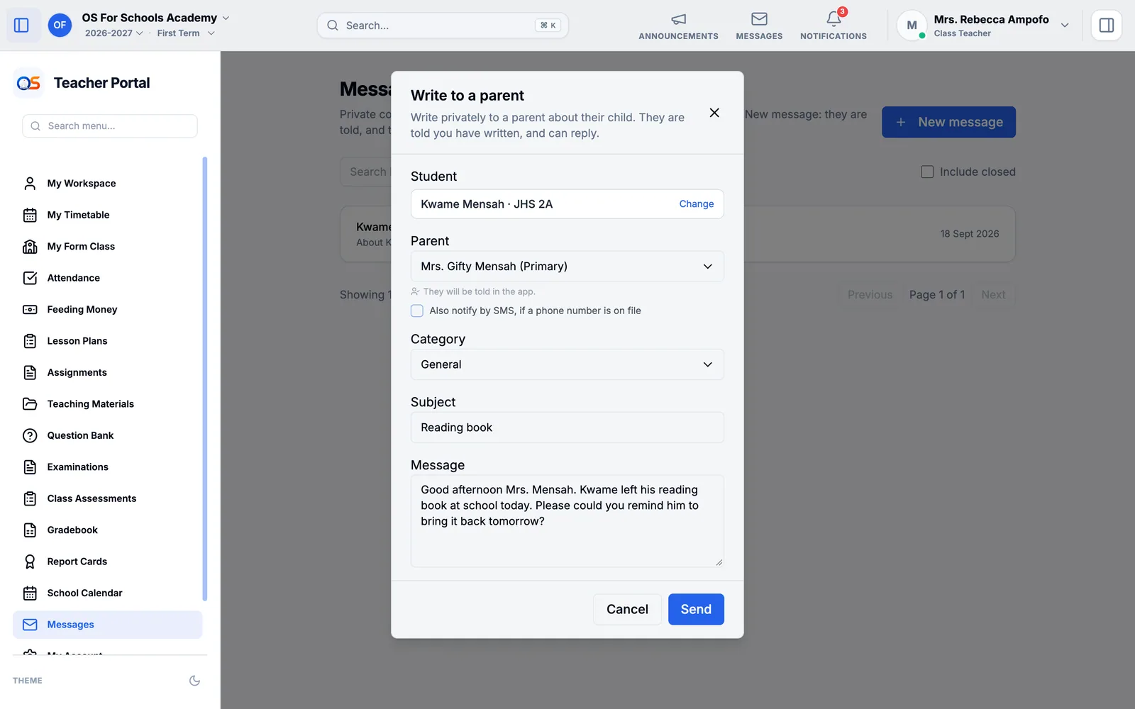 The Write to a parent form in Messages: the pupil Kwame Mensah is chosen, his mother is the parent, and the subject and message are written.